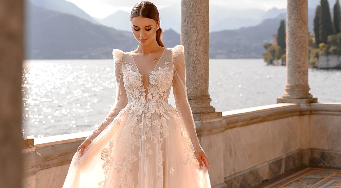 Luniana Deep V-Neck Open Back Long Sleeve Chiffon Lace Wedding Dress