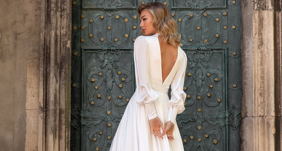 Anais High-Neck Open Back Long Sleeve Silk Wedding Dress Online