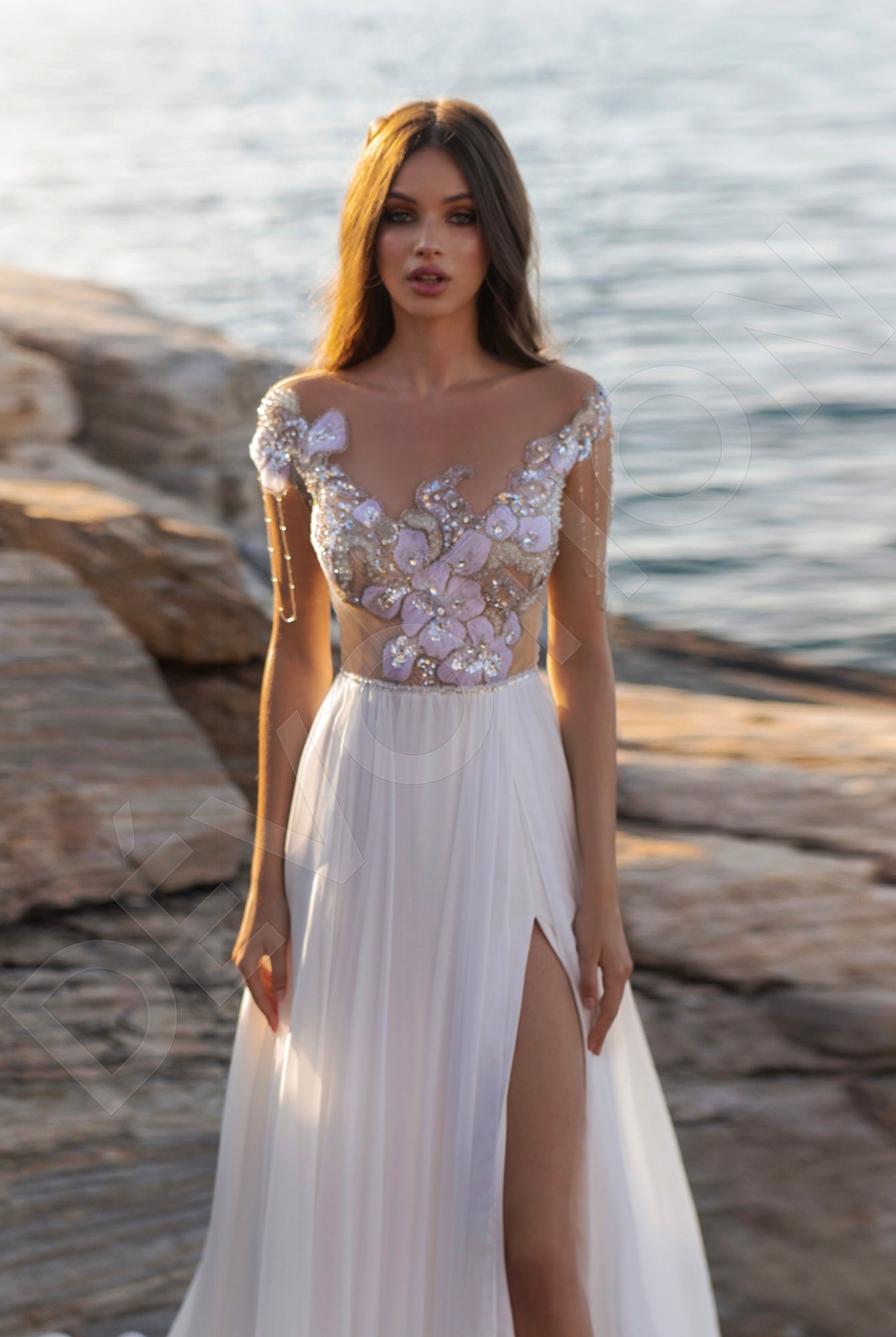 Ada A-line Illusion Ivory/Nude/Violet Wedding dress