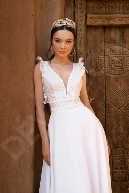 Asmus A-line Deep V-neck Off White Wedding dress