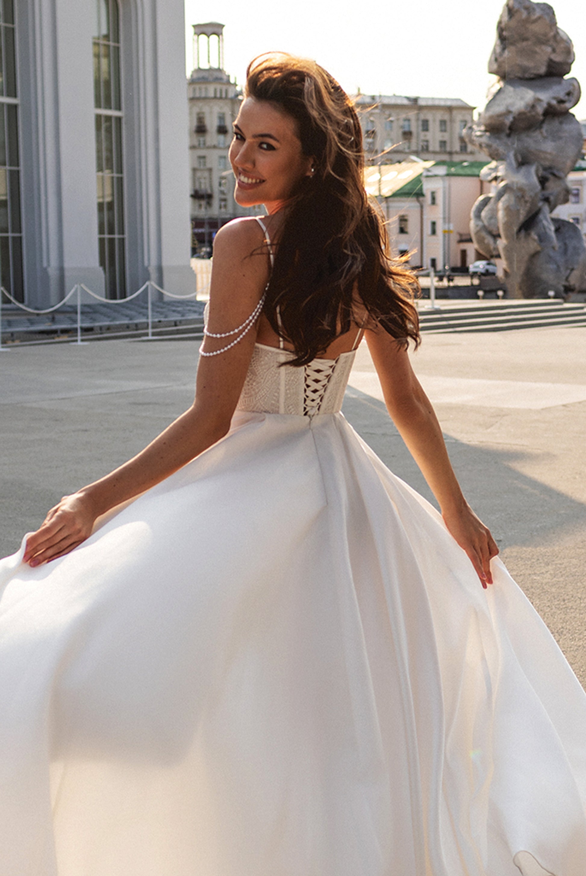 Caralina A-line Straight across Milk Wedding dress