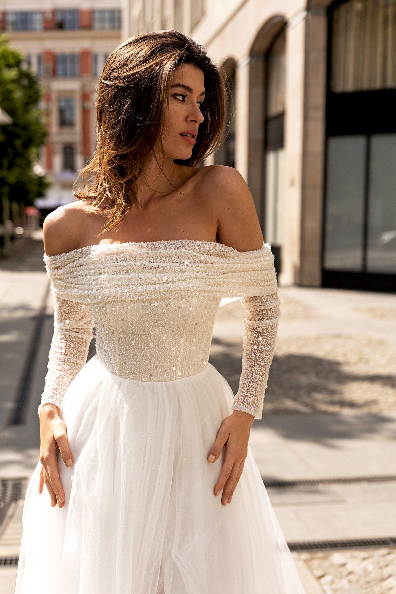 Jennys A-line Off-shoulder/Drop shoulders Milk Wedding dress