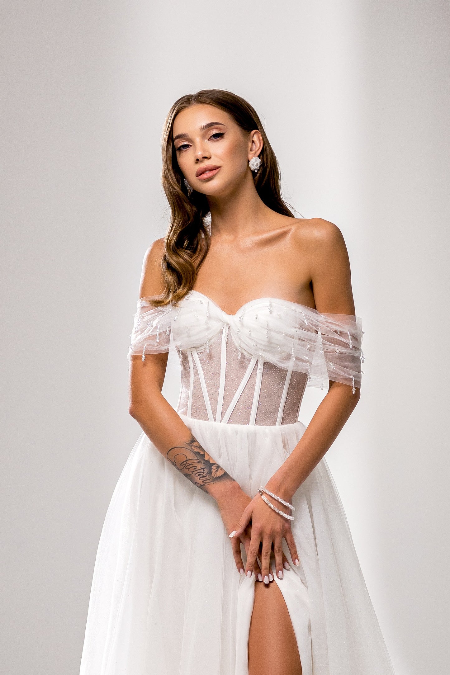 Madelina A-line Off-shoulder/Drop shoulders Milk Wedding dress