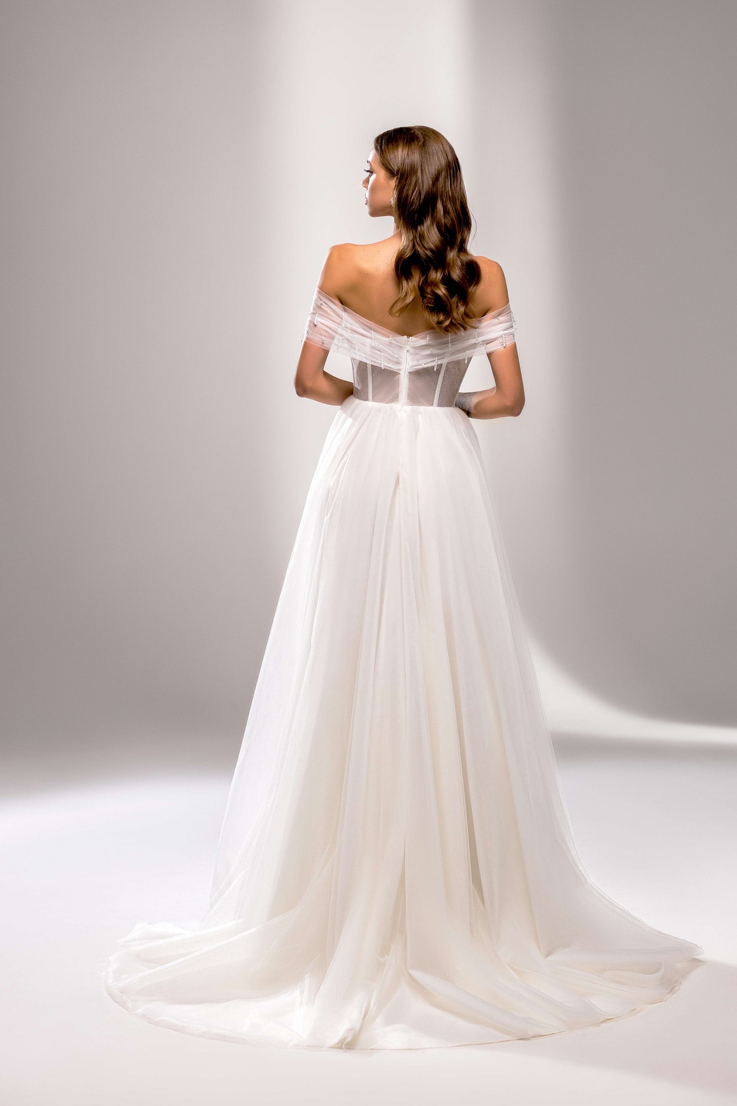 Madelina A-line Off-shoulder/Drop shoulders Milk Wedding dress