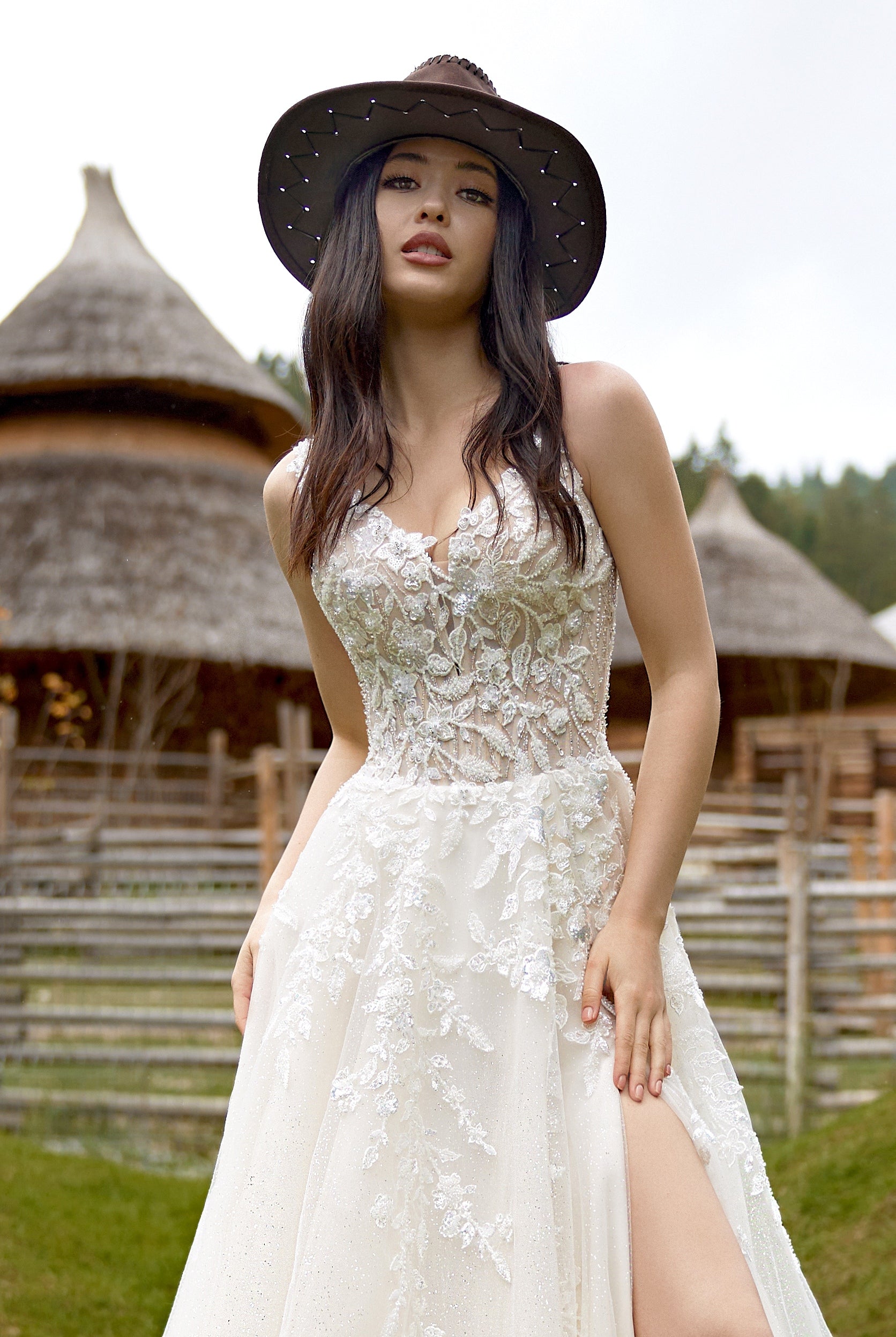 Milena A-line V-neck Nude Wedding dress
