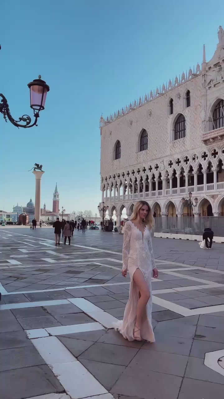 Athena Sheath/Column Deep V-neck Ivory Nude Wedding dress video