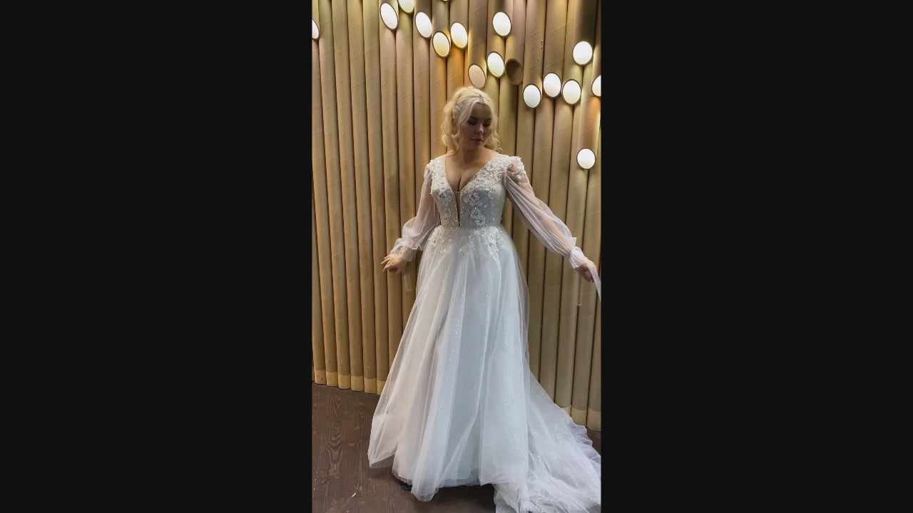 Adina A-line Deep V-neck Milk Cappuccino Wedding dress video