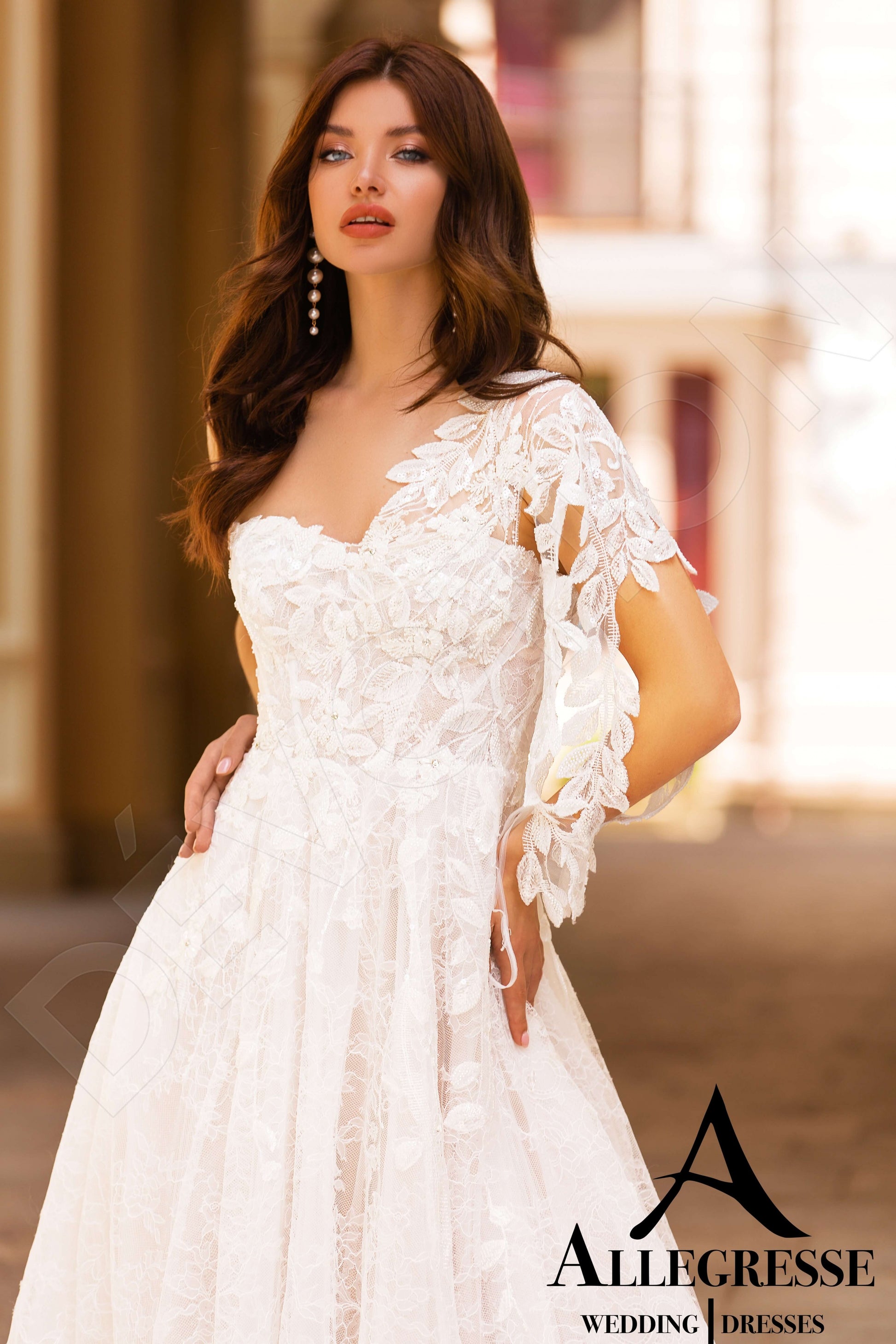 Dorianna A-line Asymmetric/One shoulder Milk Nude Wedding dress