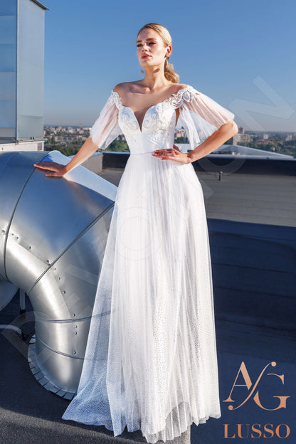 Layan Illusion back A-line Short/ Cap sleeve Wedding Dress Front