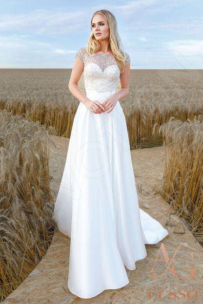Emani Full back A-line Short/ Cap sleeve Wedding Dress Front