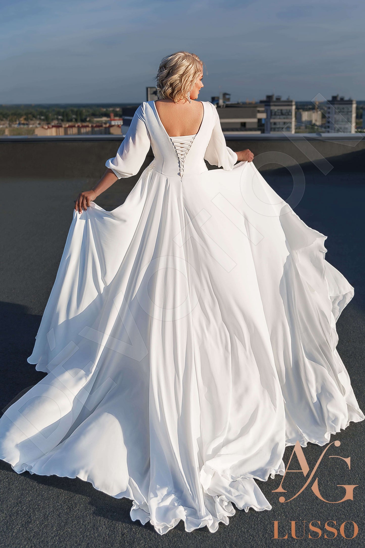 Orli Open back A-line 3/4 sleeve Wedding Dress Back