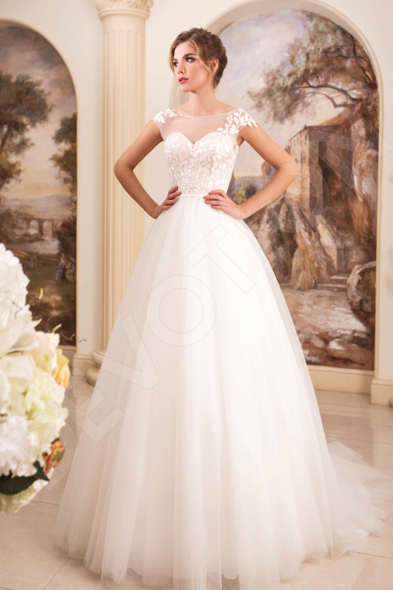 Jozefina Full back A-line Short/ Cap sleeve Wedding Dress Front