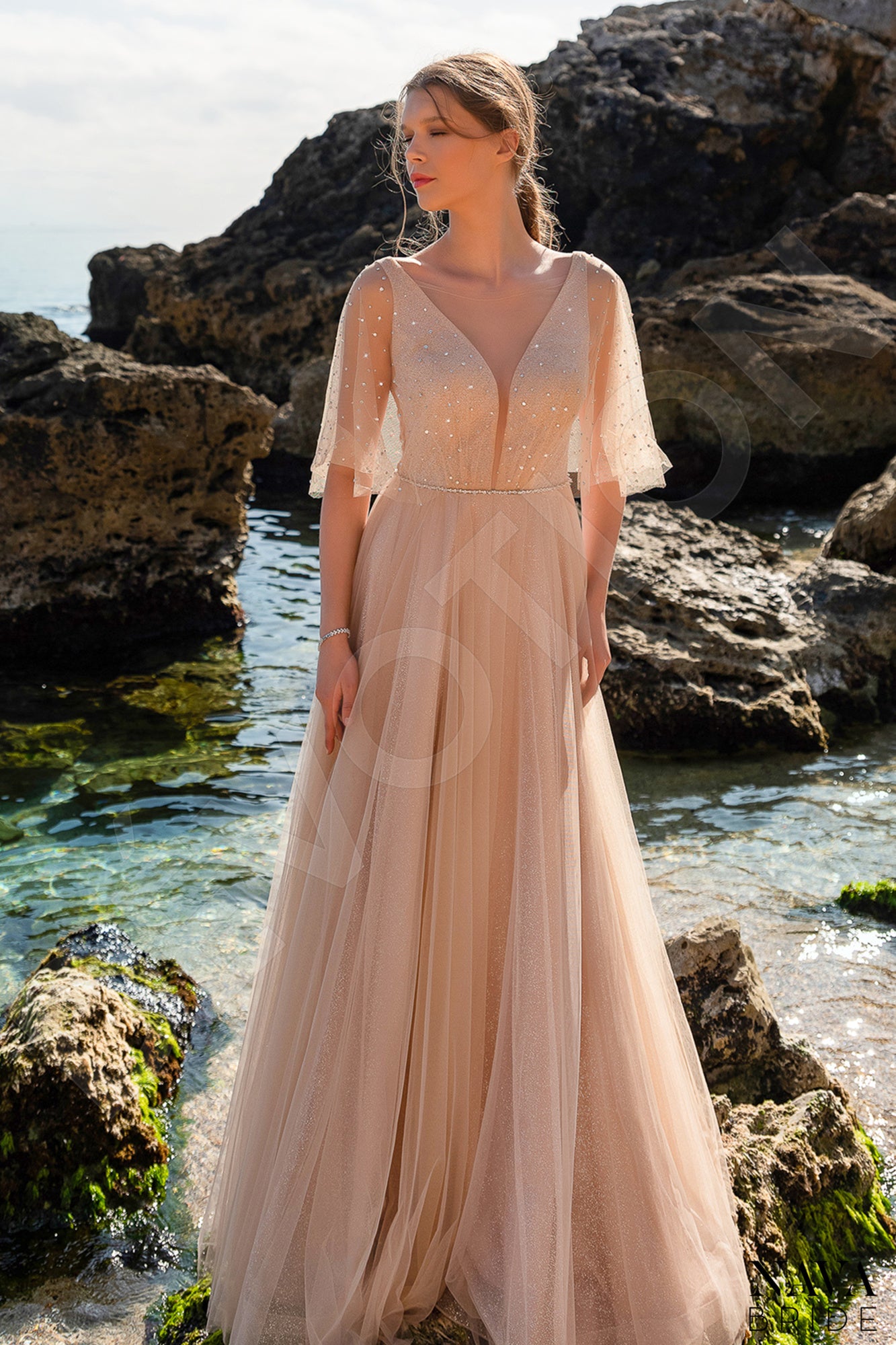 Marsella Open back A-line Half sleeve Wedding Dress Front