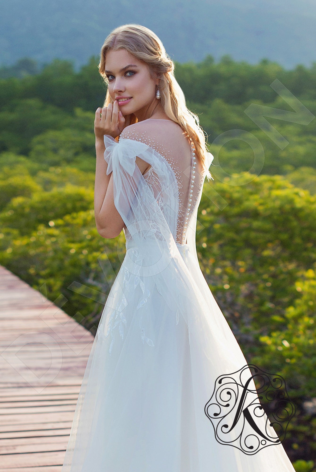 Elary Illusion back A-line Short/ Cap sleeve Wedding Dress 3