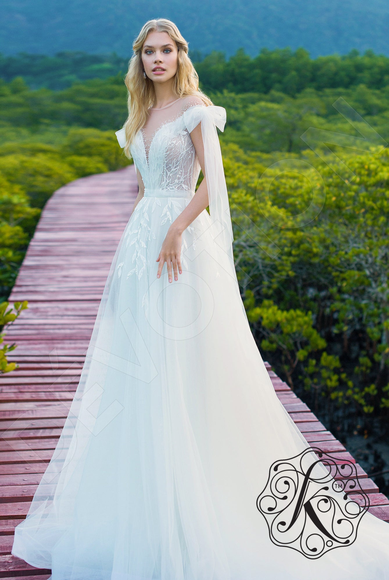 Elary Illusion back A-line Short/ Cap sleeve Wedding Dress Front