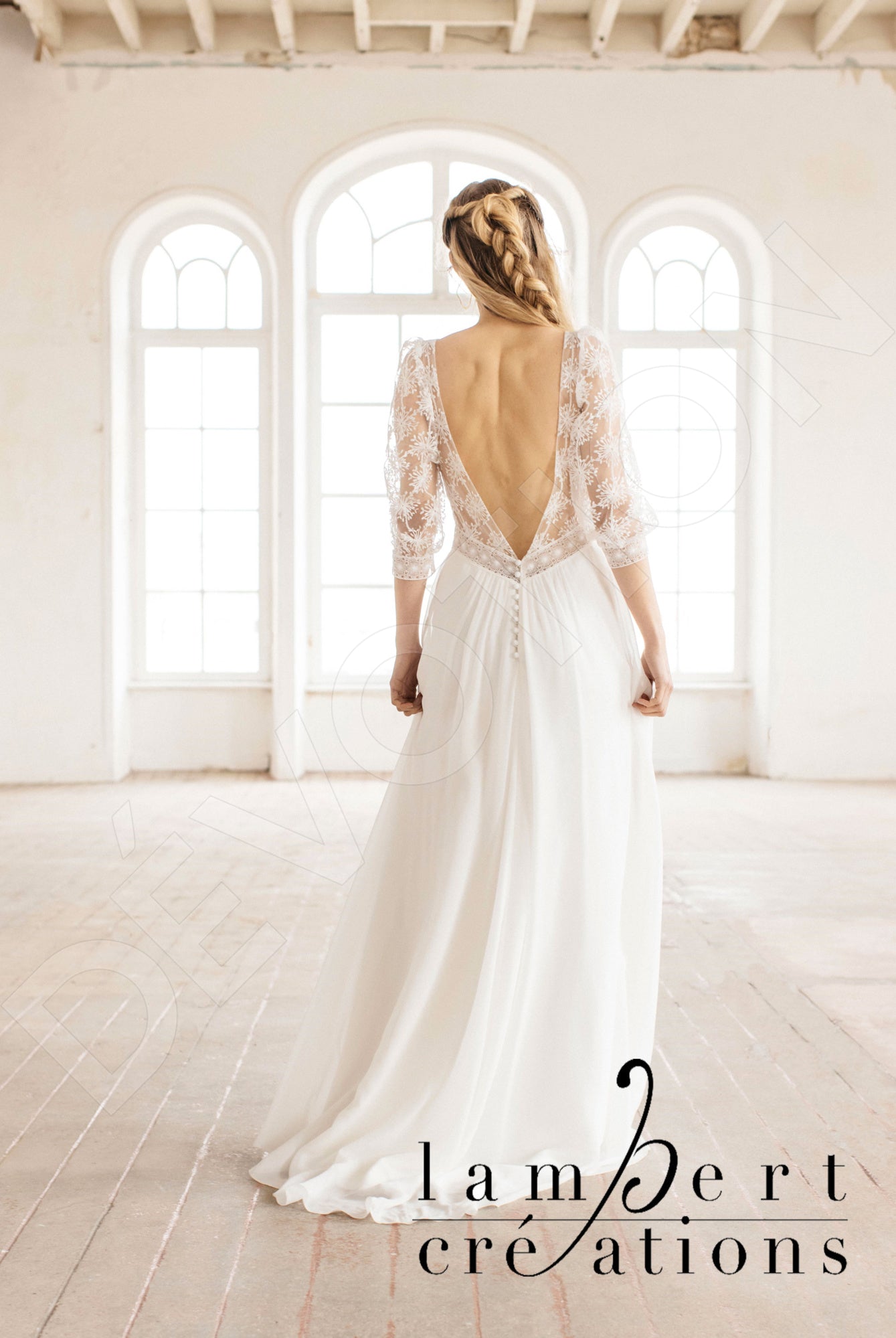 Flocon Open back A-line 3/4 sleeve Wedding Dress Back