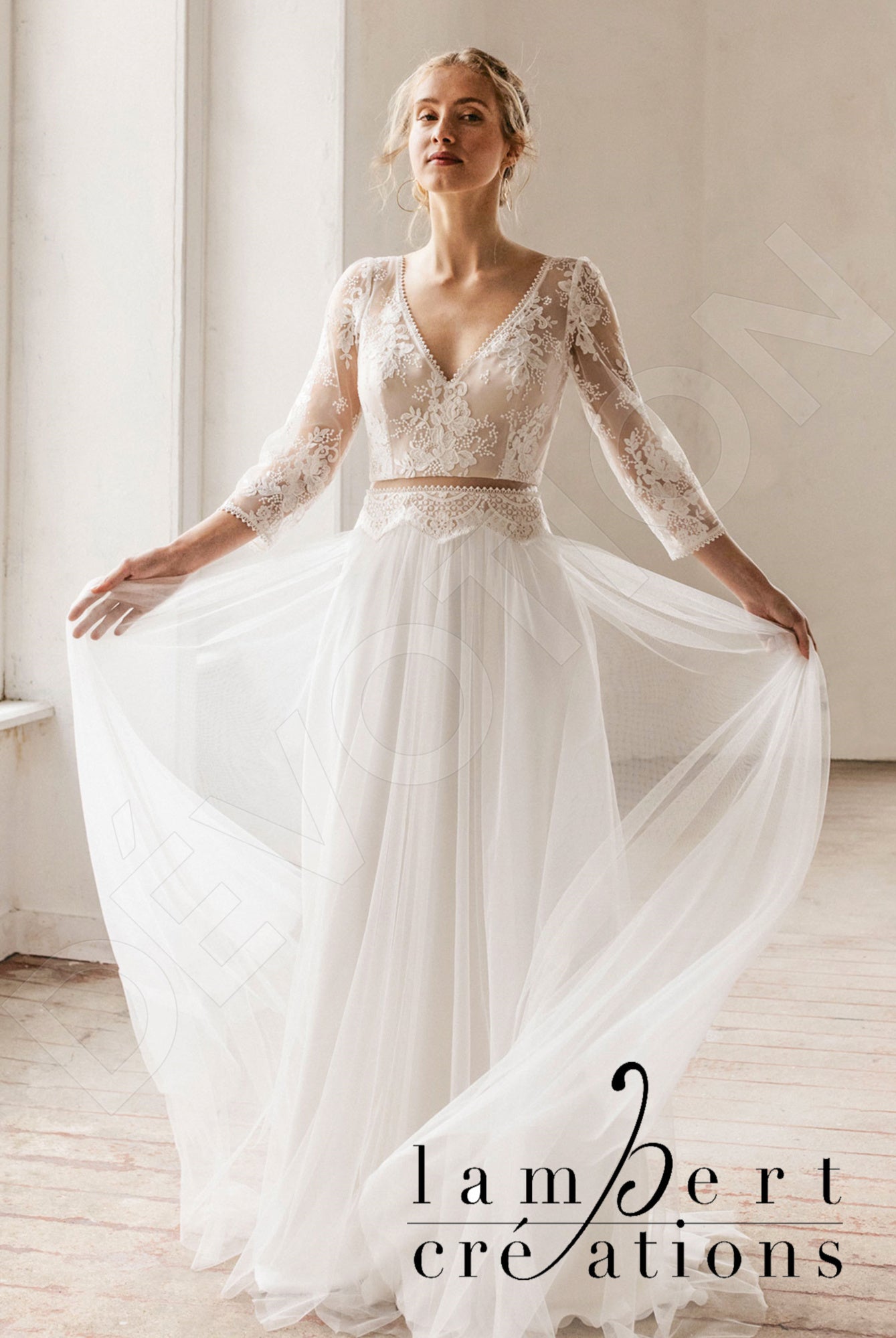 Phoenix Open back A-line 3/4 sleeve Wedding Dress Front
