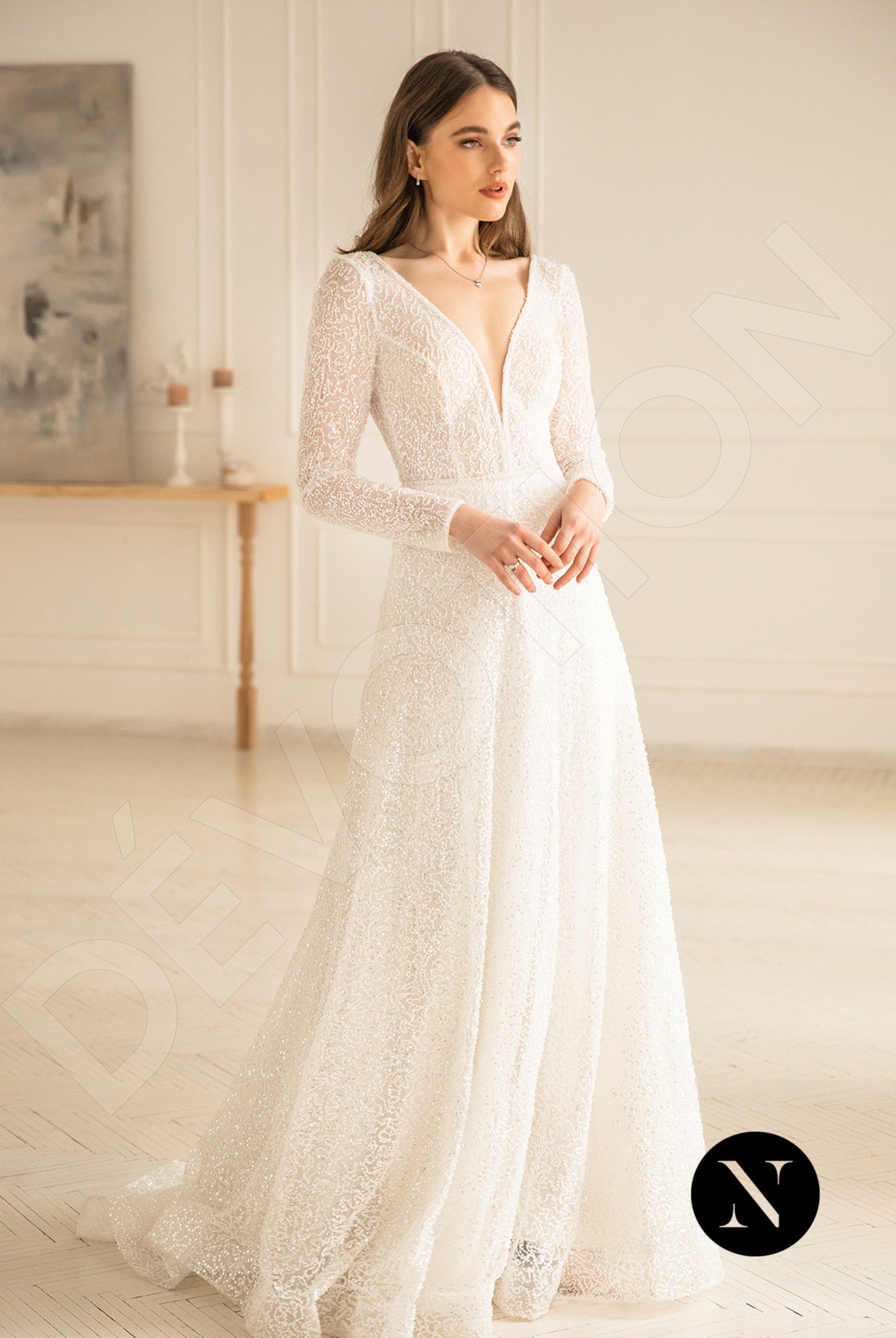 Elliena A-line Deep V-neck Milk Wedding dress