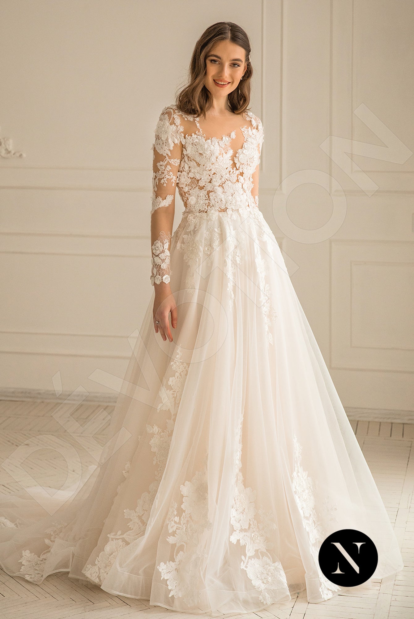 Phoenixe Full back A-line Long sleeve Wedding Dress Front