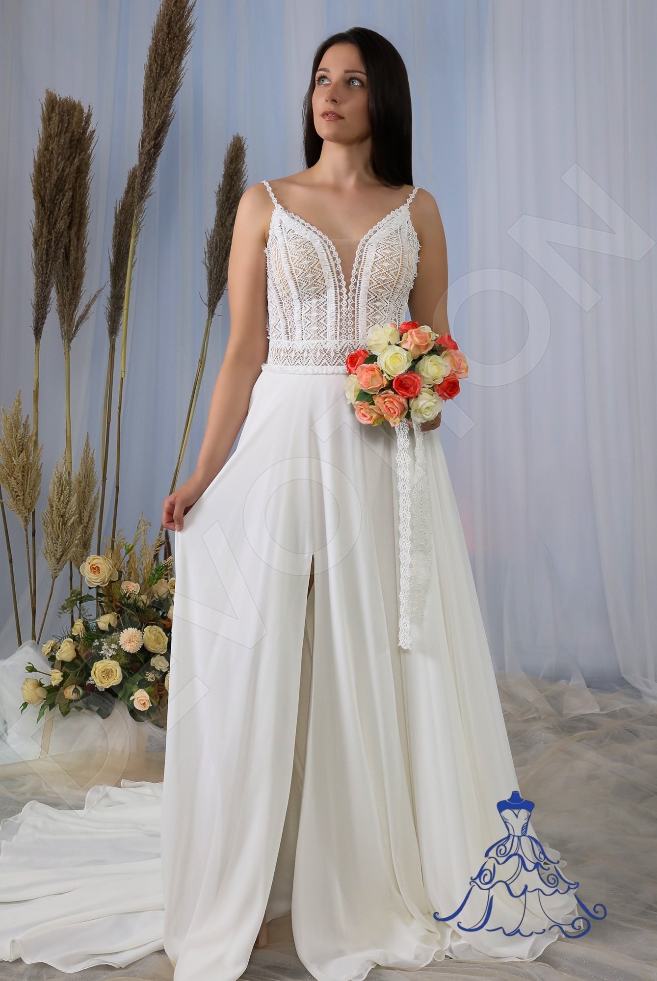 Tiara A-line Deep V-neck Ivory Wedding dress
