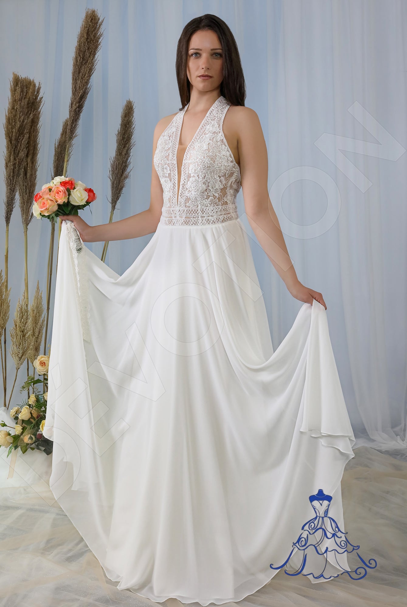 Elisa A-line Deep V-neck Ivory Wedding dress