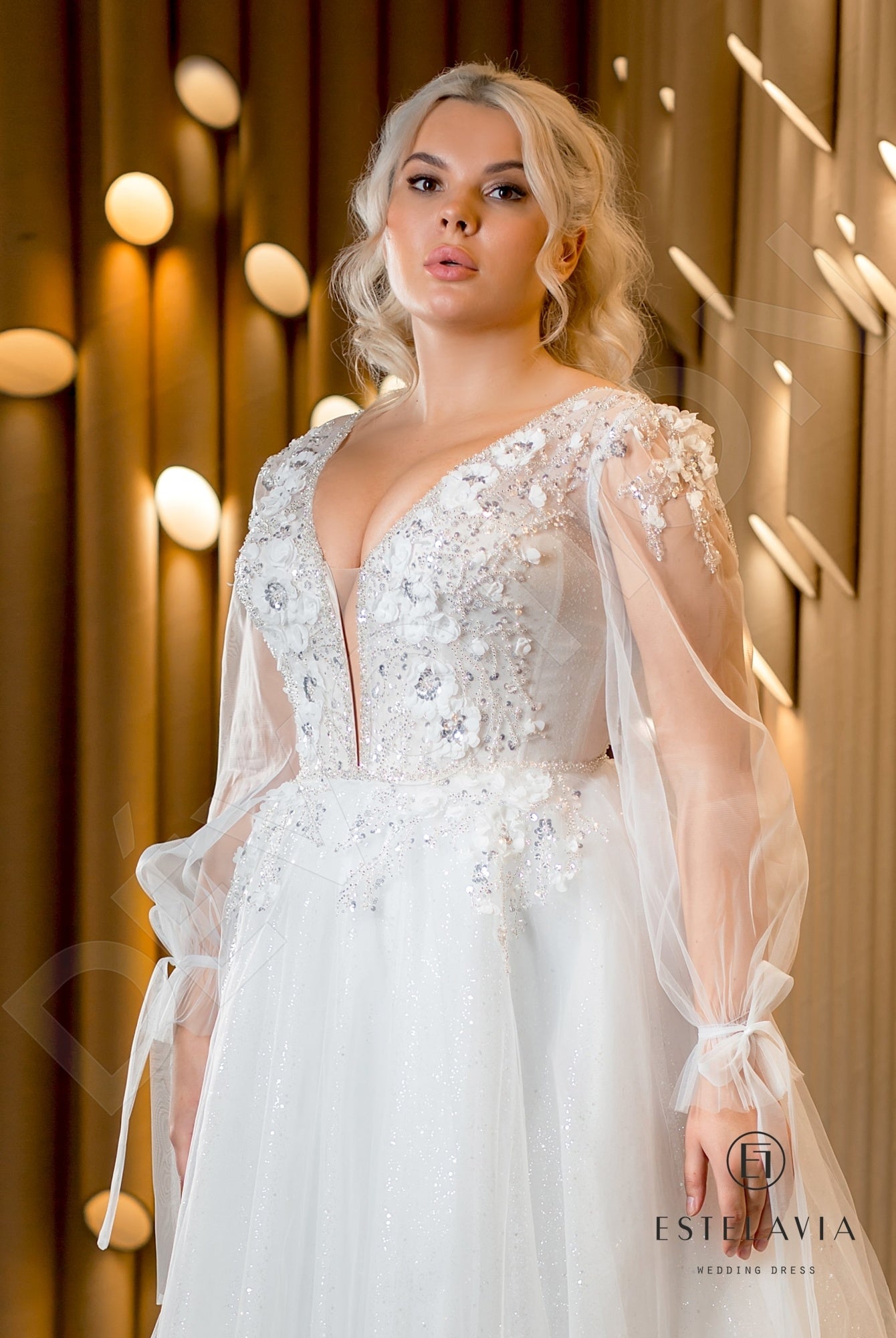 Adina A-line Deep V-neck Milk Cappuccino Wedding dress
