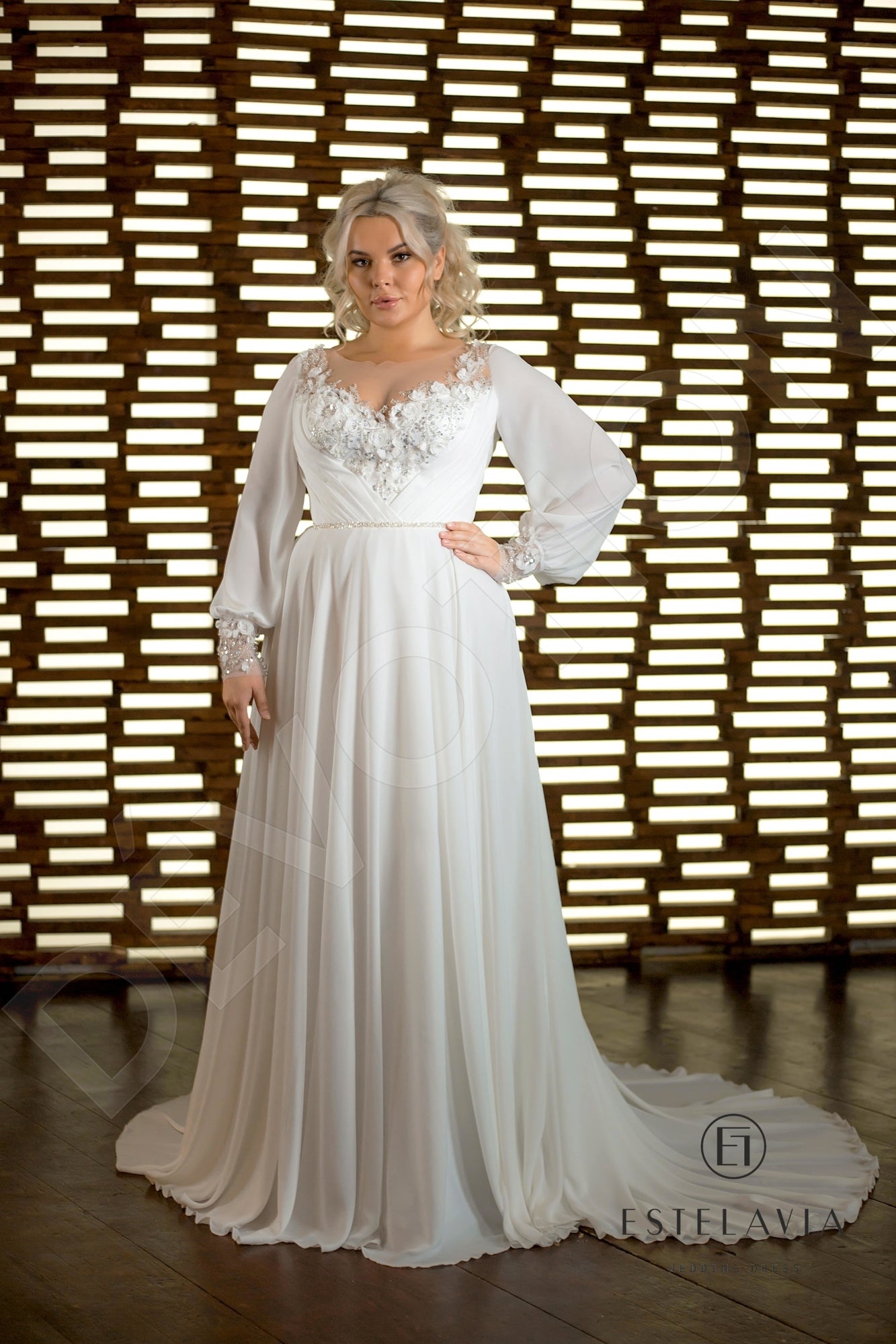 Estera Illusion back A-line Long sleeve Wedding Dress 7