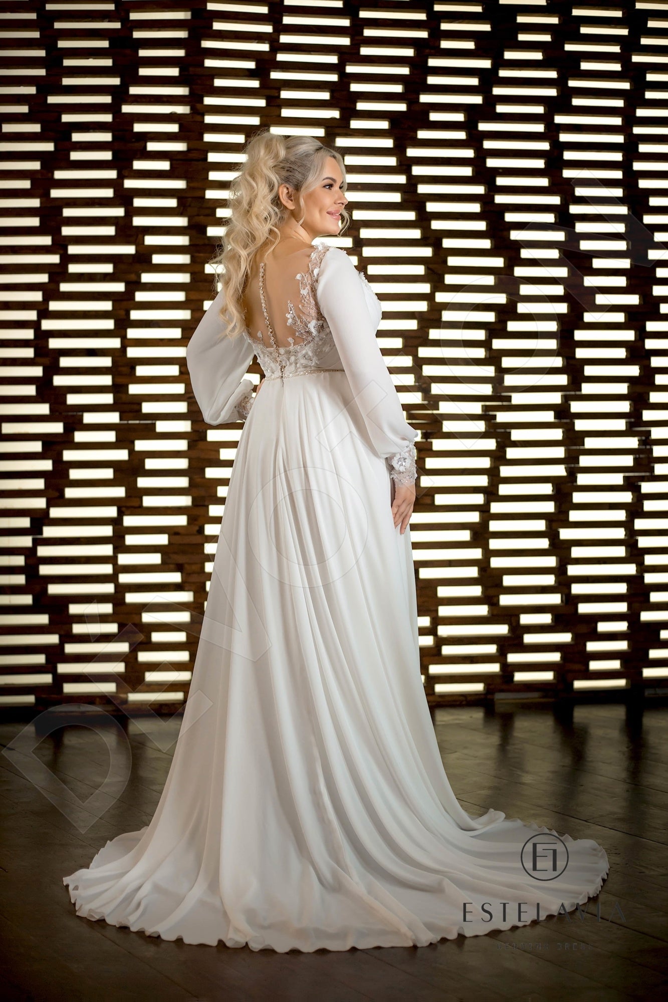 Estera Illusion back A-line Long sleeve Wedding Dress Back