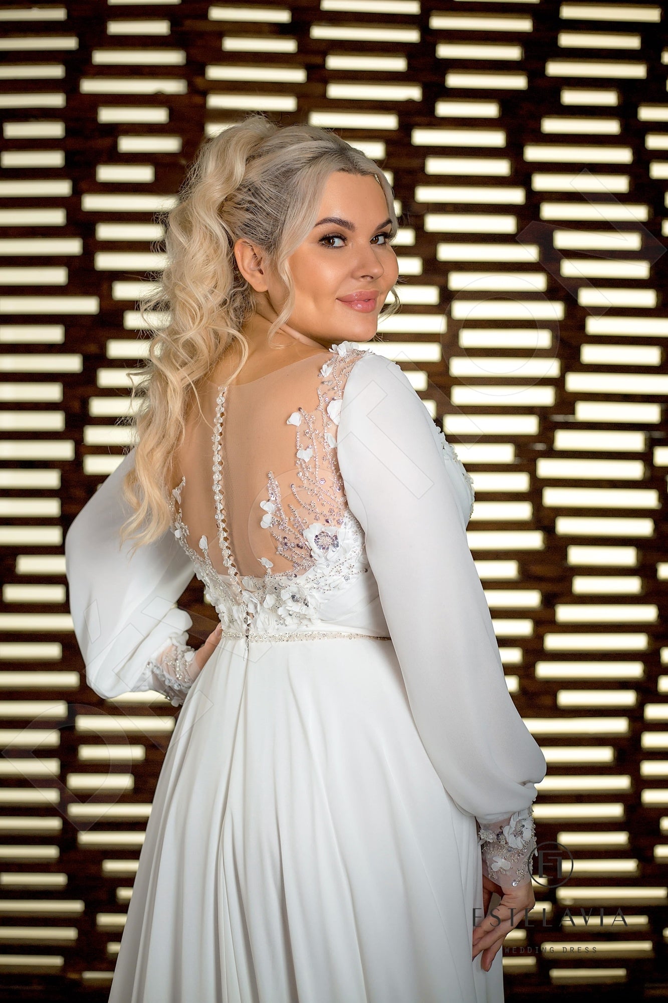 Estera Illusion back A-line Long sleeve Wedding Dress 3