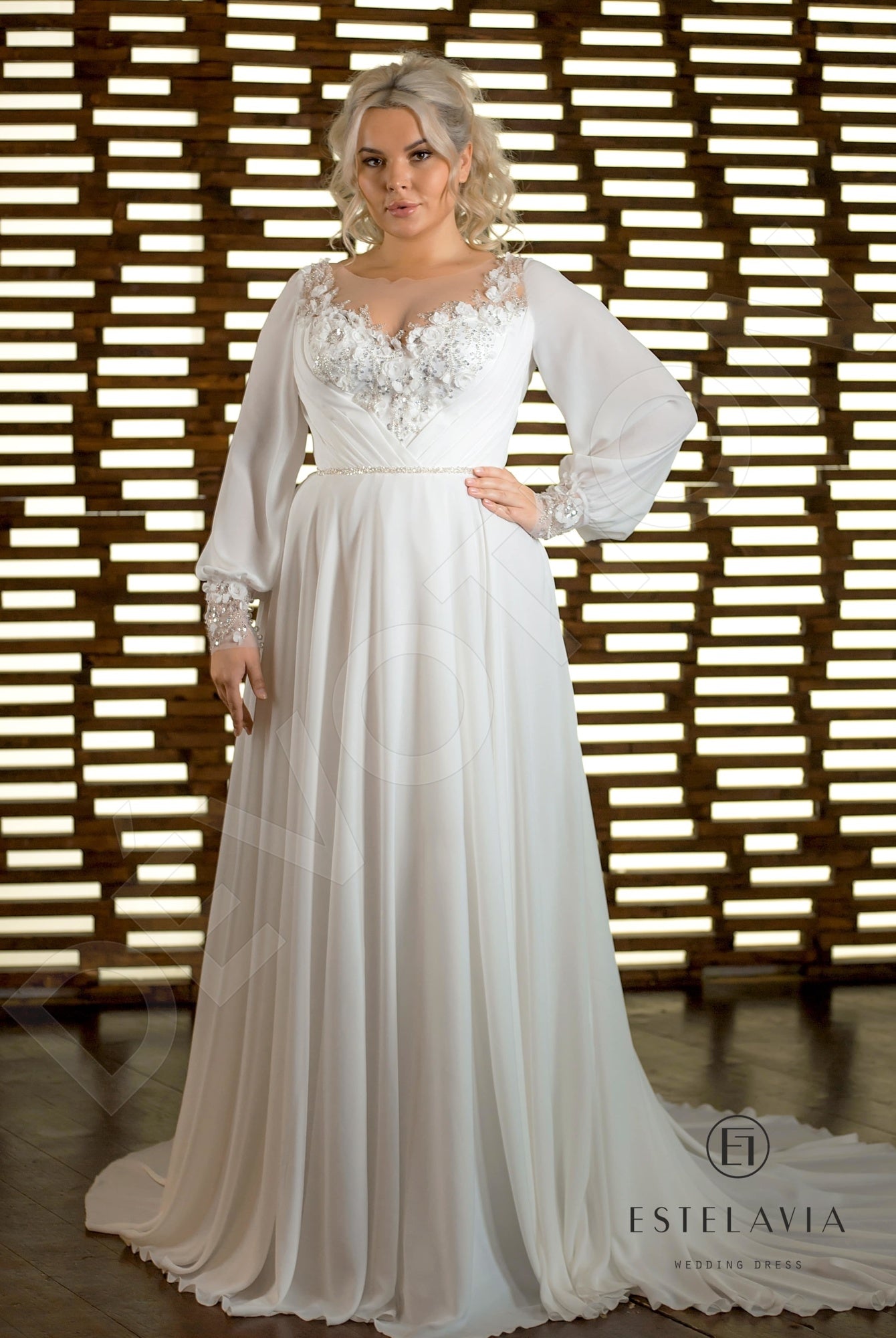 Estera Illusion back A-line Long sleeve Wedding Dress Front