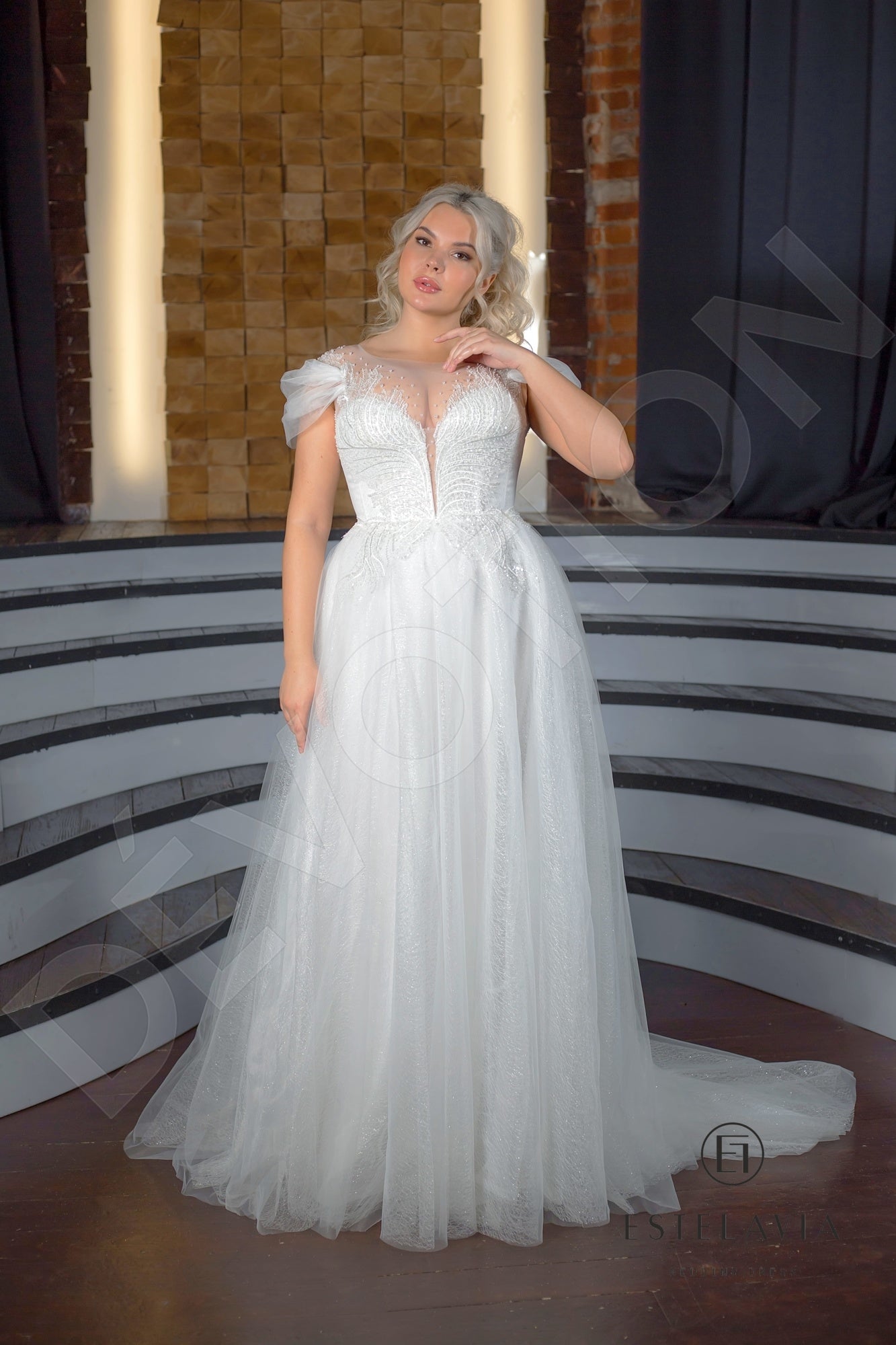 Fabiola Illusion back A-line Short/ Cap sleeve Wedding Dress 7