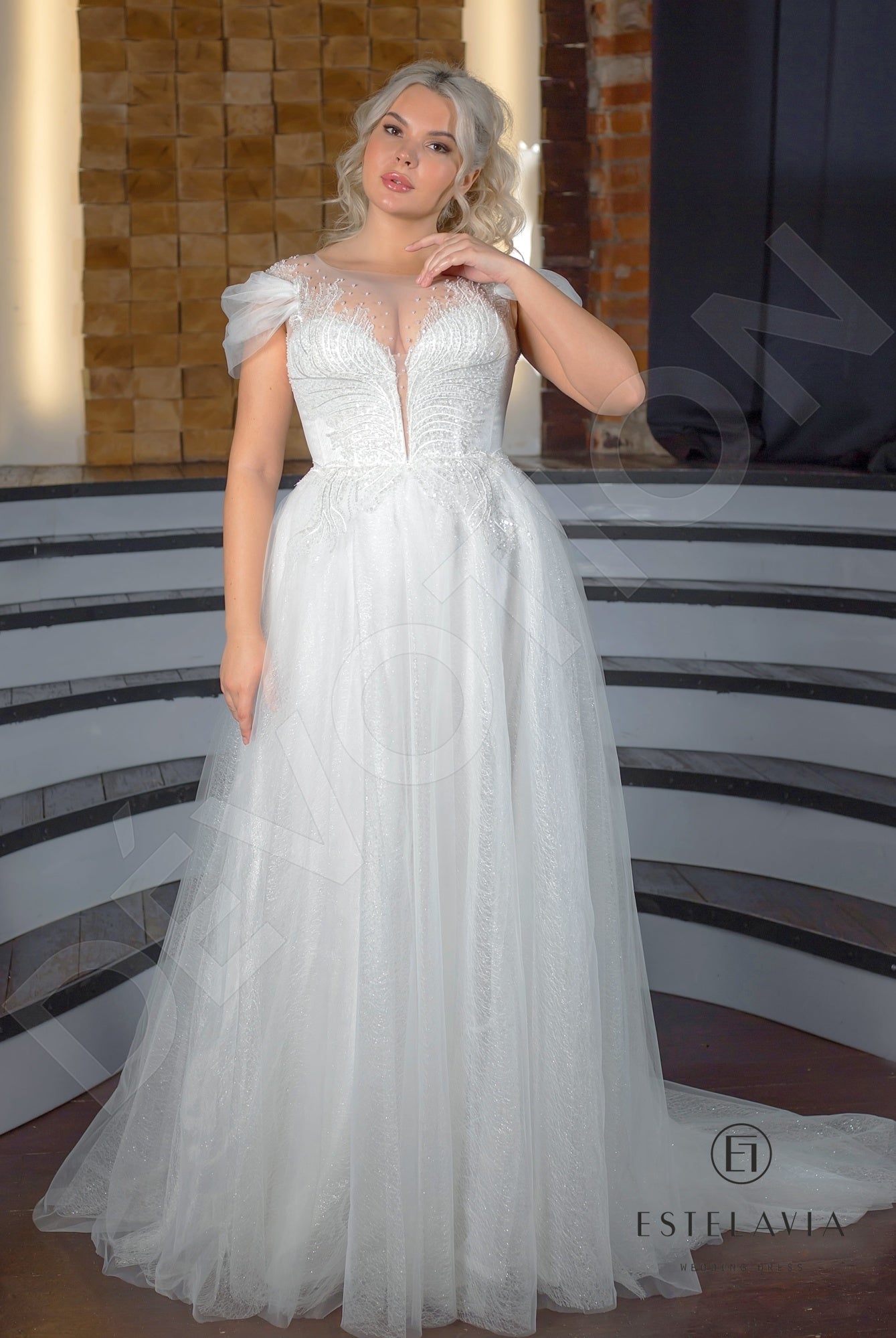 Fabiola Illusion back A-line Short/ Cap sleeve Wedding Dress Front