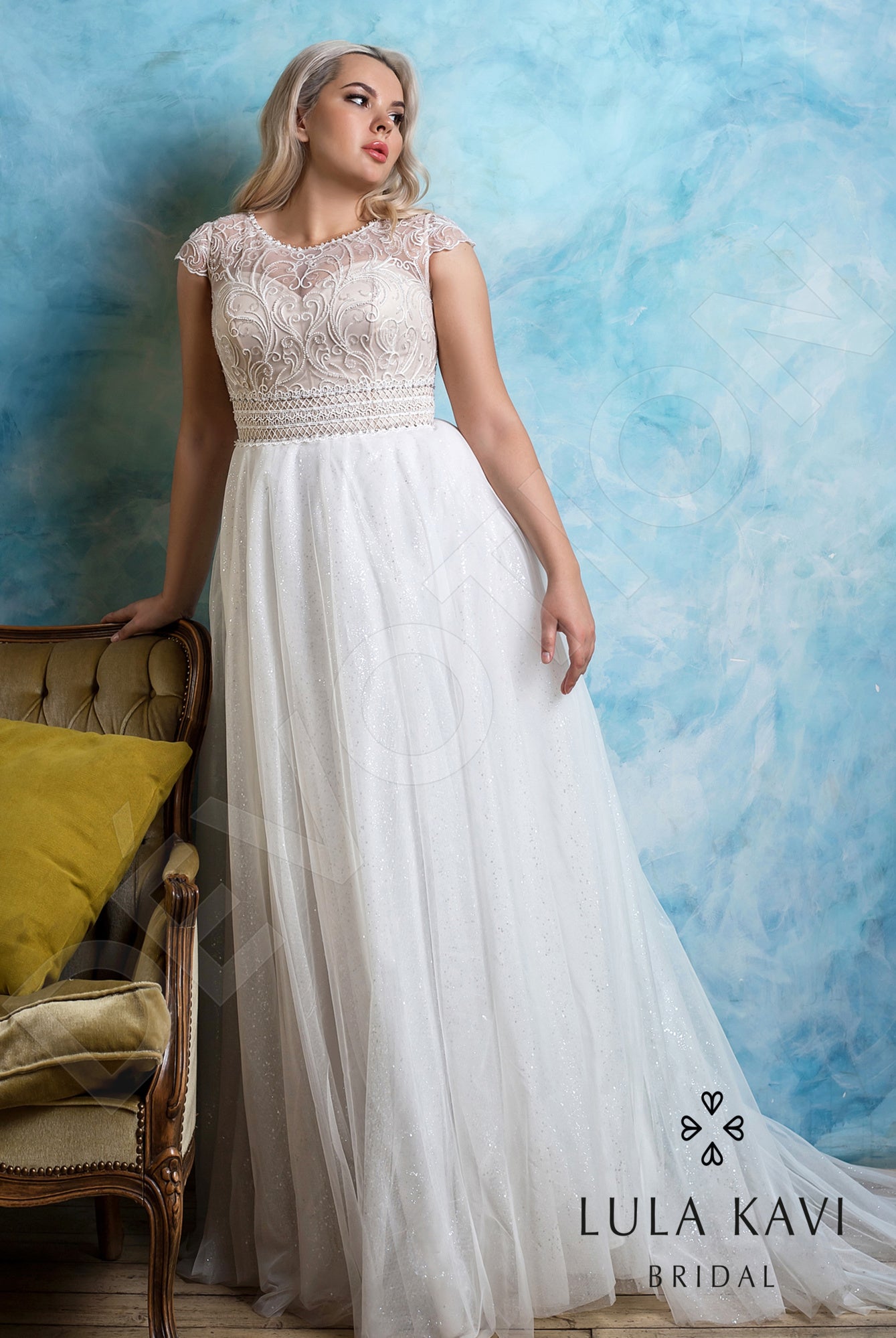 Rosalinda Full back A-line Short/ Cap sleeve Wedding Dress Front