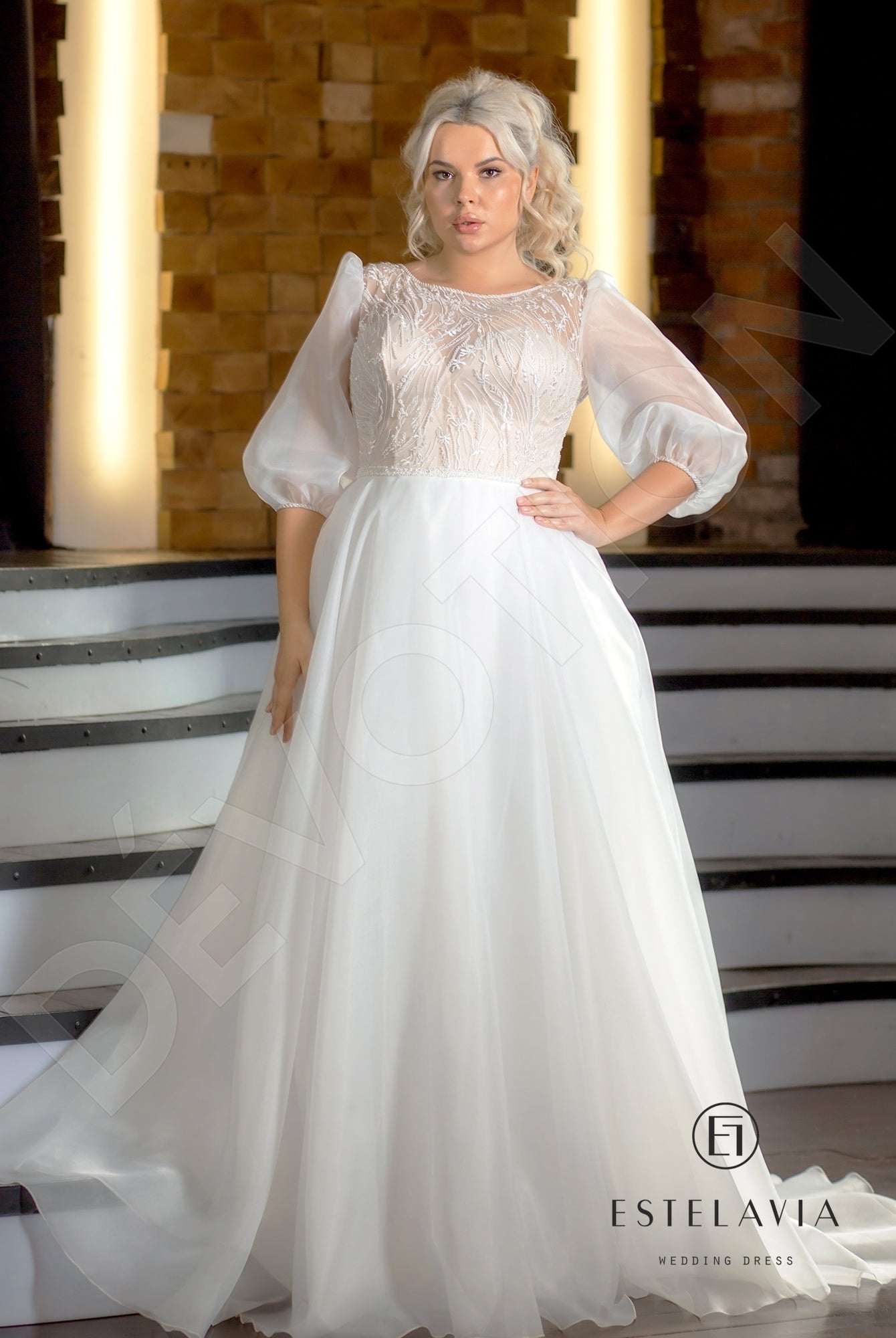 Meda Open back A-line 3/4 sleeve Wedding Dress Front