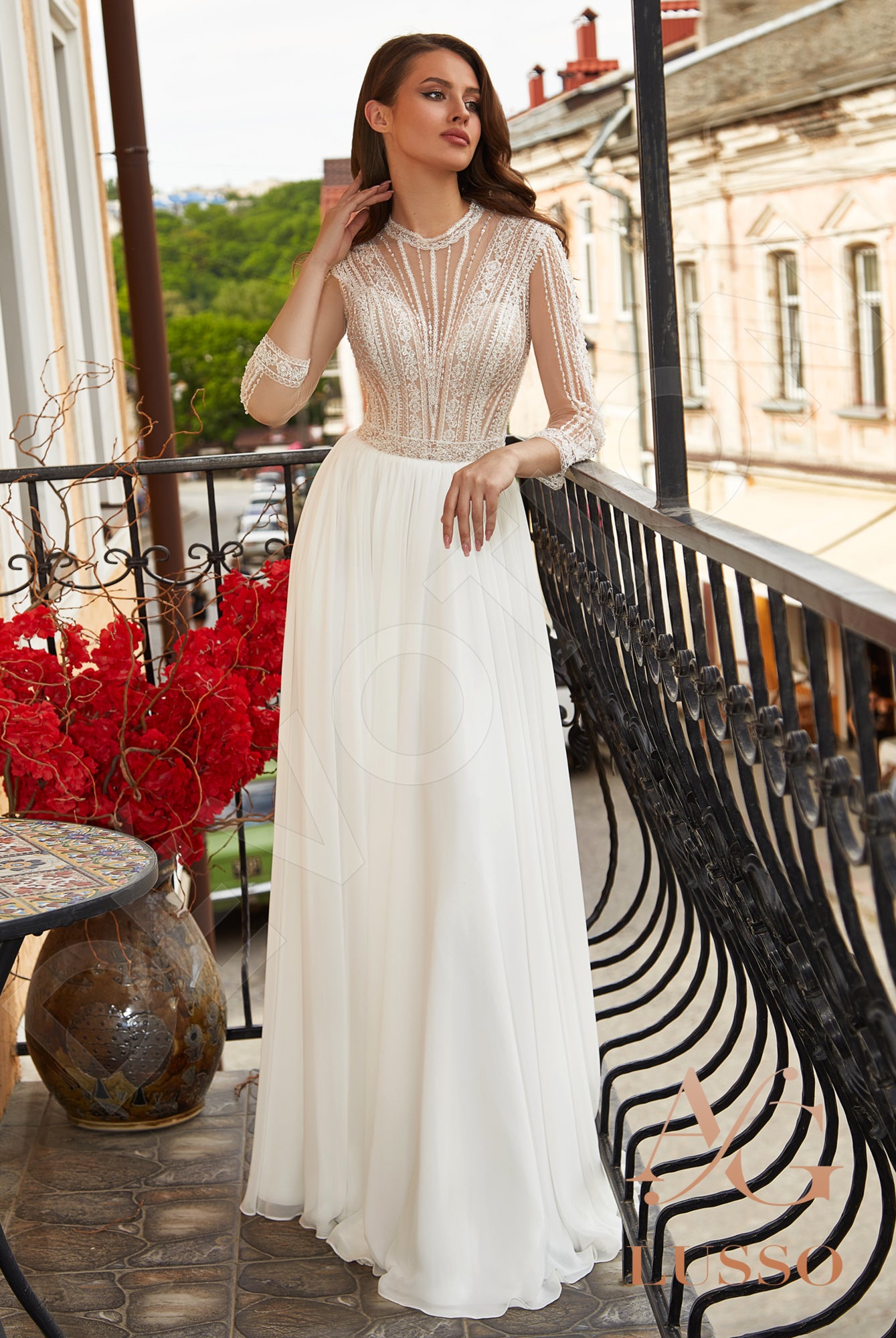 Gellena Full back A-line 3/4 sleeve Wedding Dress Front