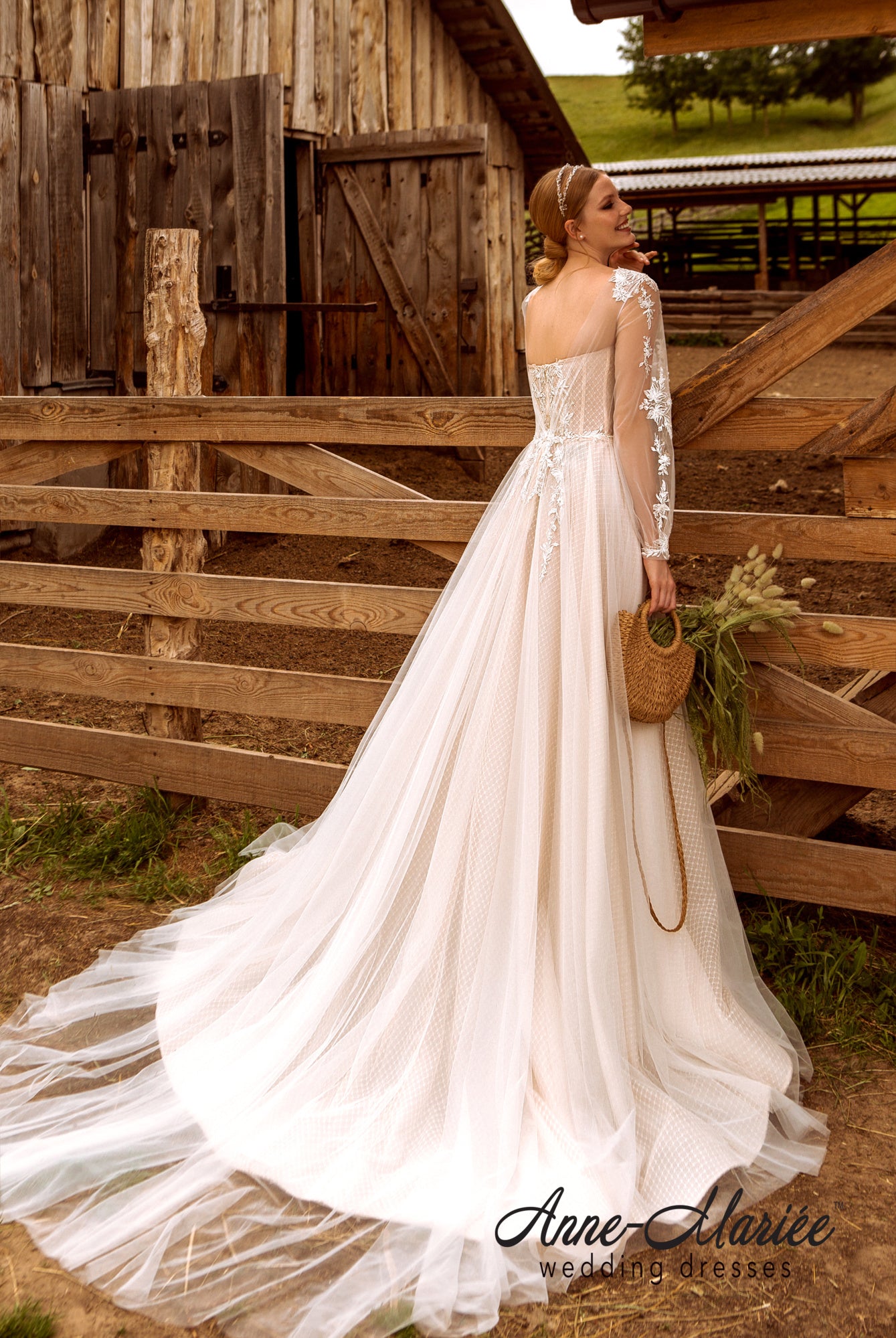 Elsy A-line Queen Anne Ivory Cappuccino Wedding dress