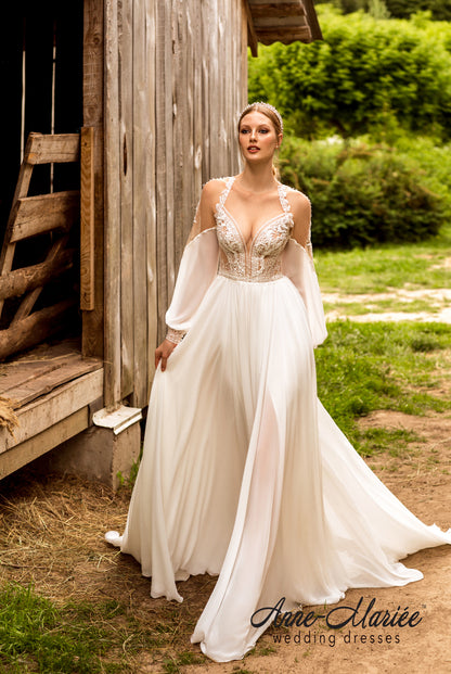 Fride Illusion back A-line Long sleeve Wedding Dress 5
