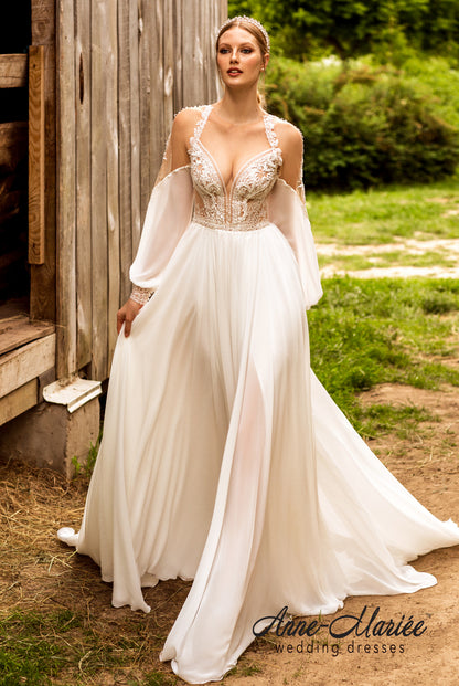 Fride Illusion back A-line Long sleeve Wedding Dress Front