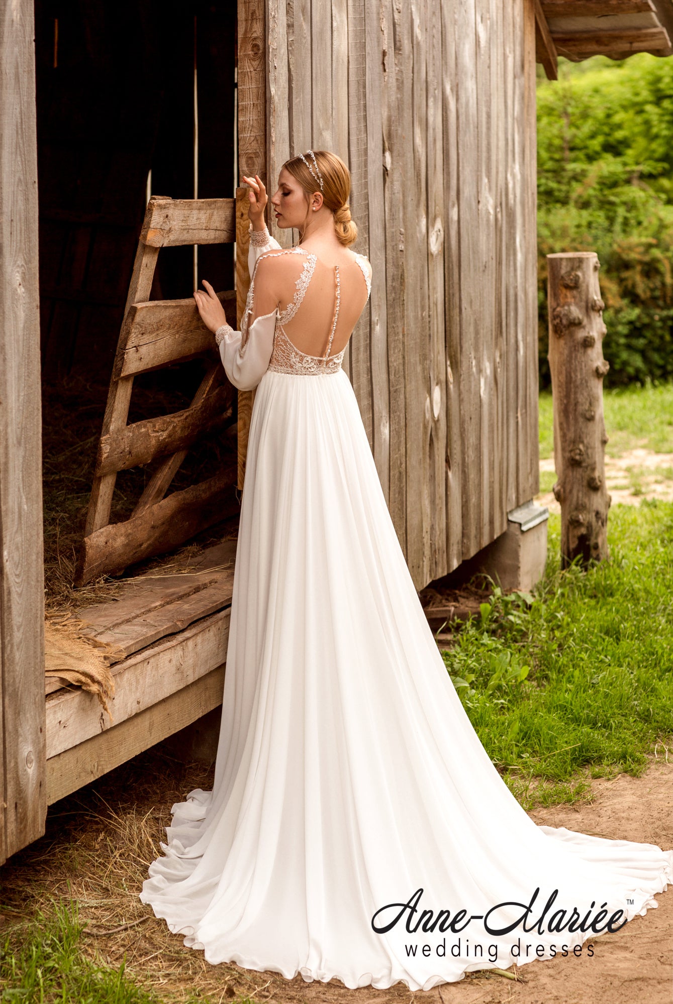Fride Illusion back A-line Long sleeve Wedding Dress Back