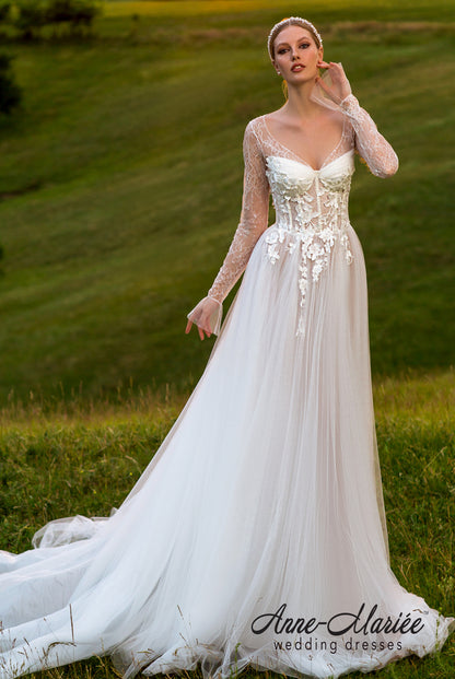 Odail Open back A-line Long sleeve Wedding Dress Front
