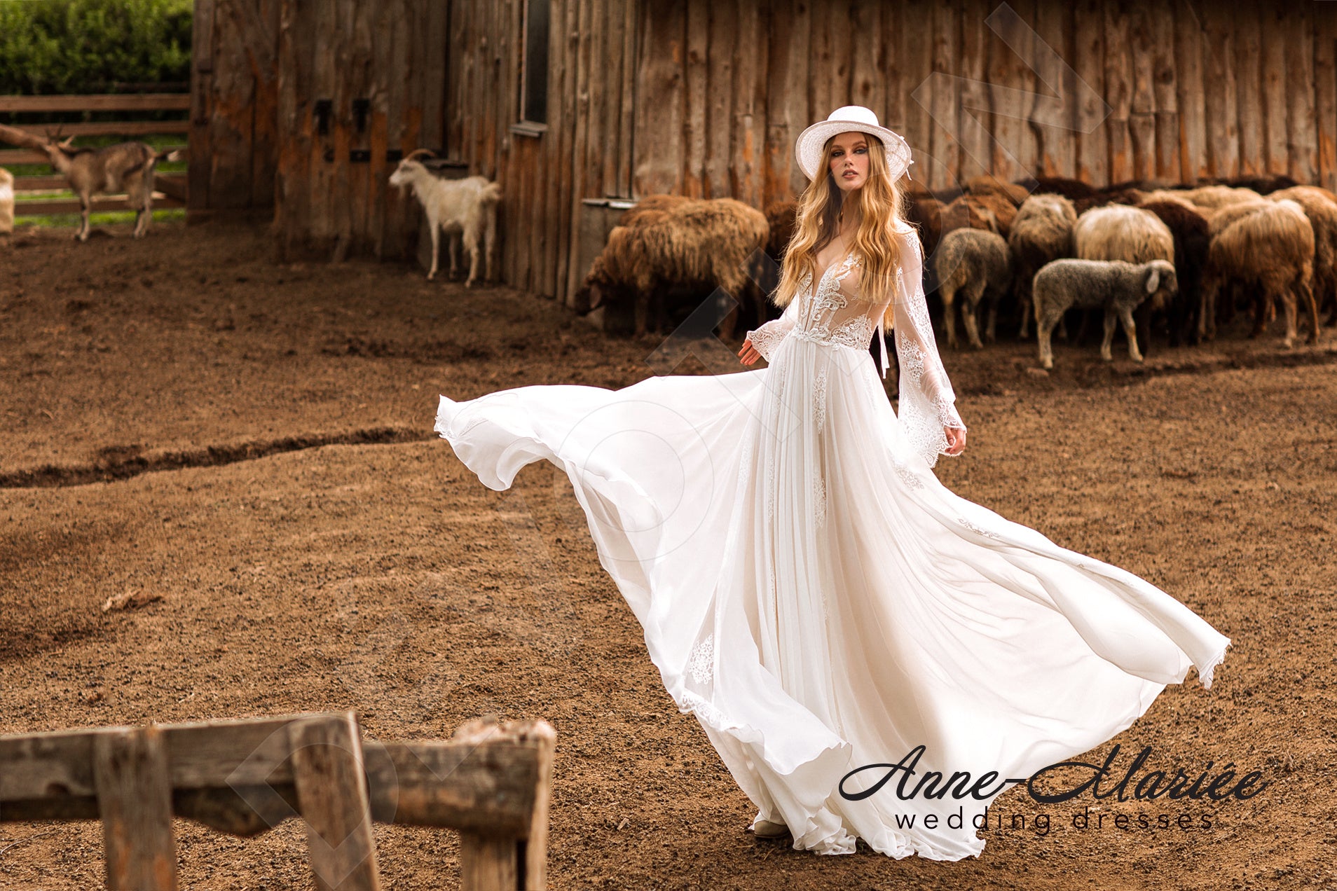 Stefanie A-line Deep V-neck Ivory Nude Wedding dress