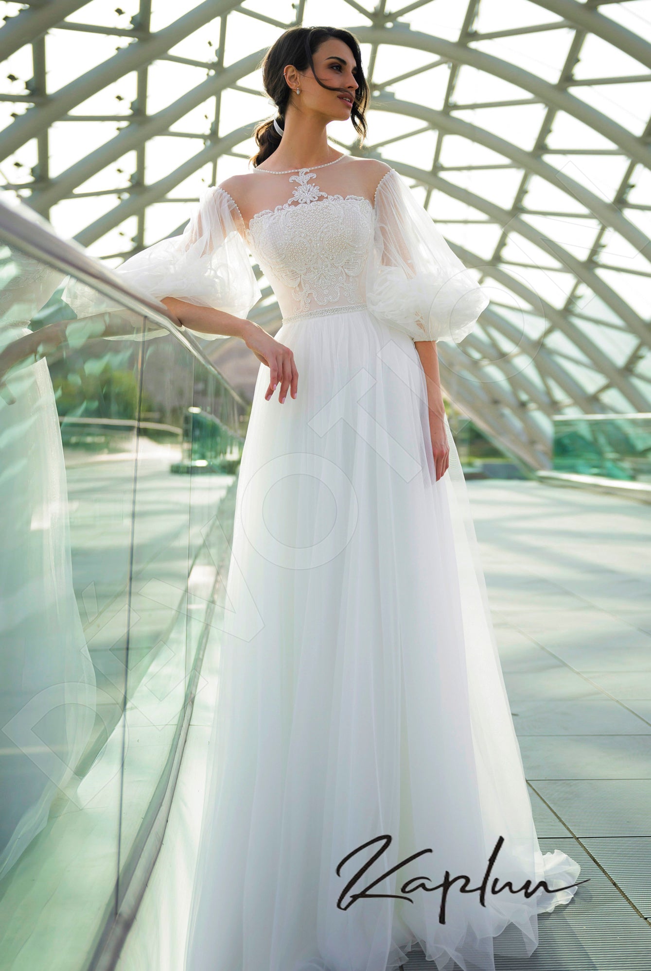 Enton Open back A-line 3/4 sleeve Wedding Dress Front