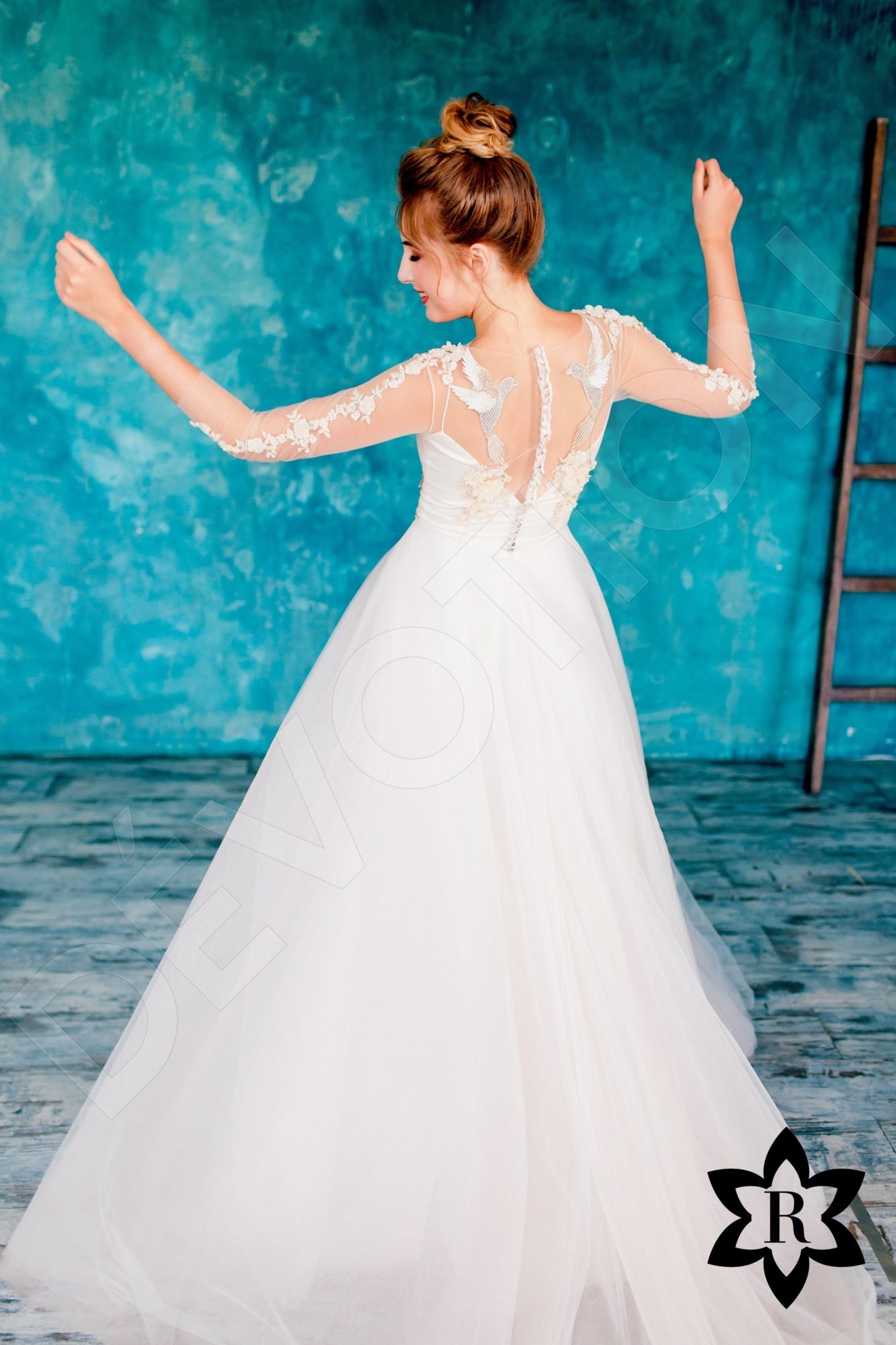 Ariela Illusion back A-line 3/4 sleeve Wedding Dress Back