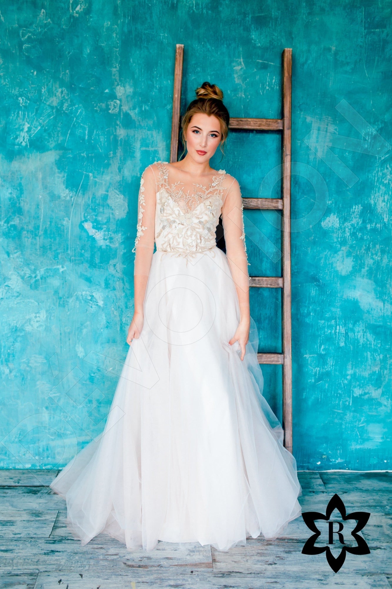 Ariela Illusion back A-line 3/4 sleeve Wedding Dress 8