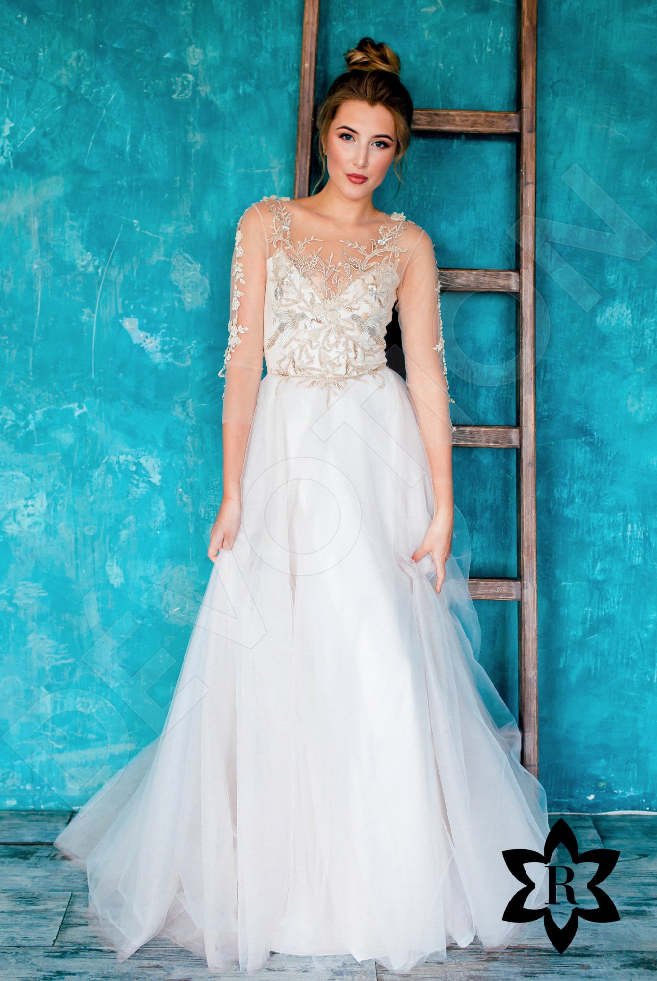 Ariela Illusion back A-line 3/4 sleeve Wedding Dress Front