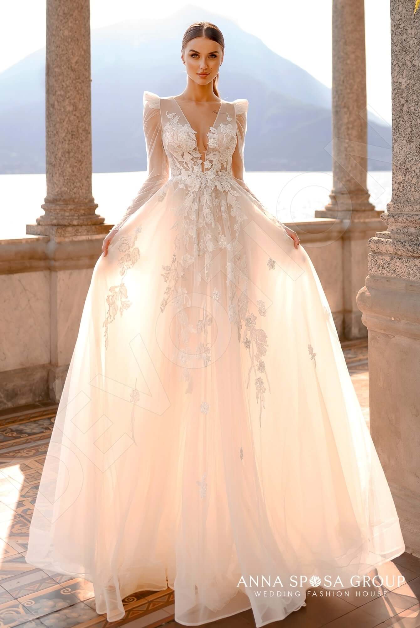 Zhunis Open back A-line Long sleeve Wedding Dress Front