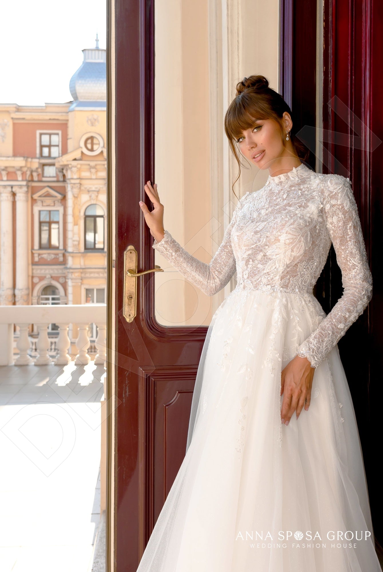 Wedding dress with high-neck bodice and sheer lace sleeve | Cathy Telle