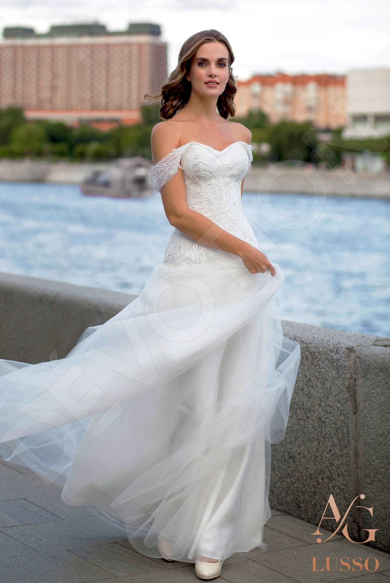 Angela A-line Off-shoulder/Drop shoulders Milk Wedding dress