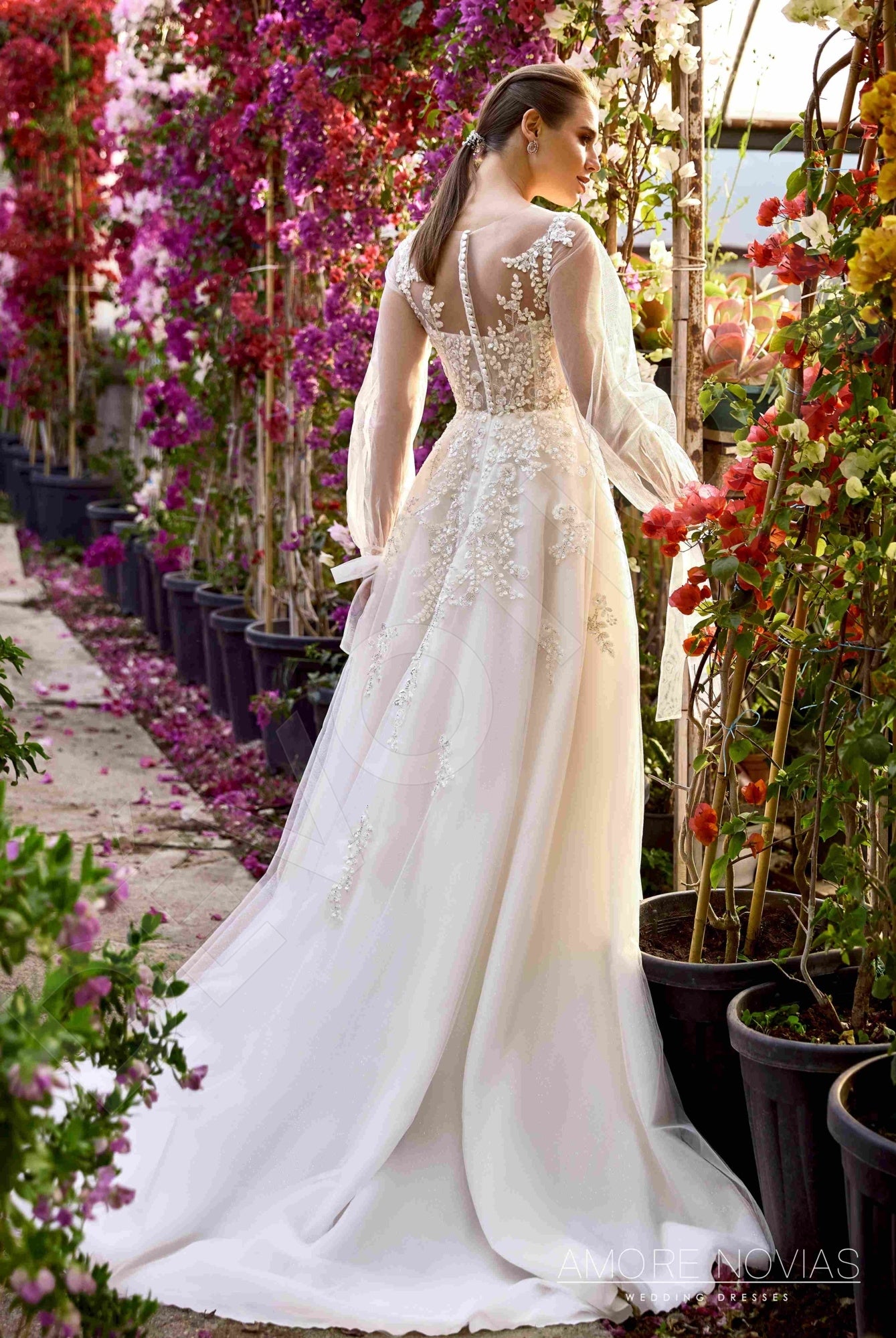Clara Illusion back A-line Long sleeve Wedding Dress Back