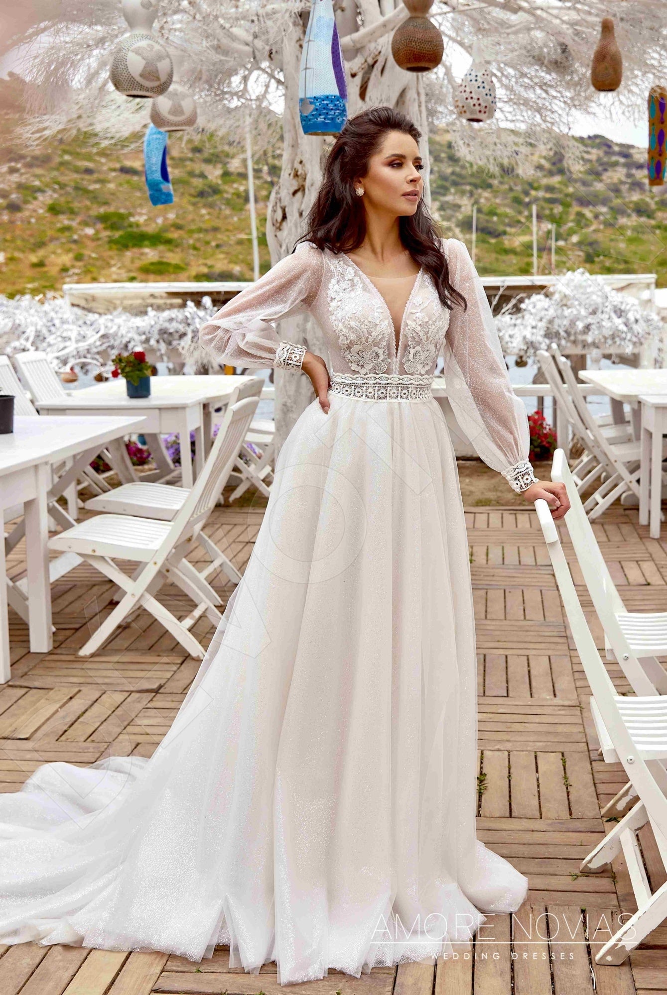 Maxa A-line Deep V-neck Milk Blush Wedding dress